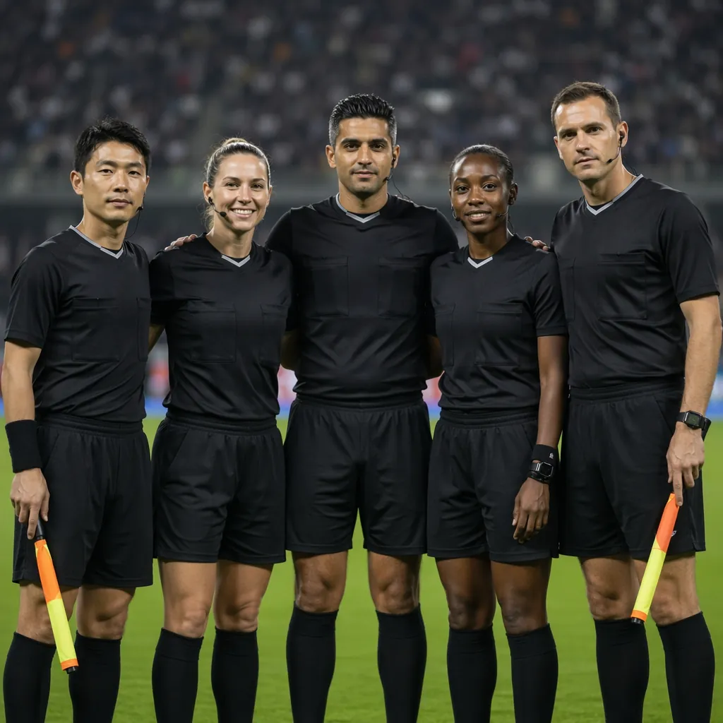Group of diverse soccer referees from different countries standing together, wea