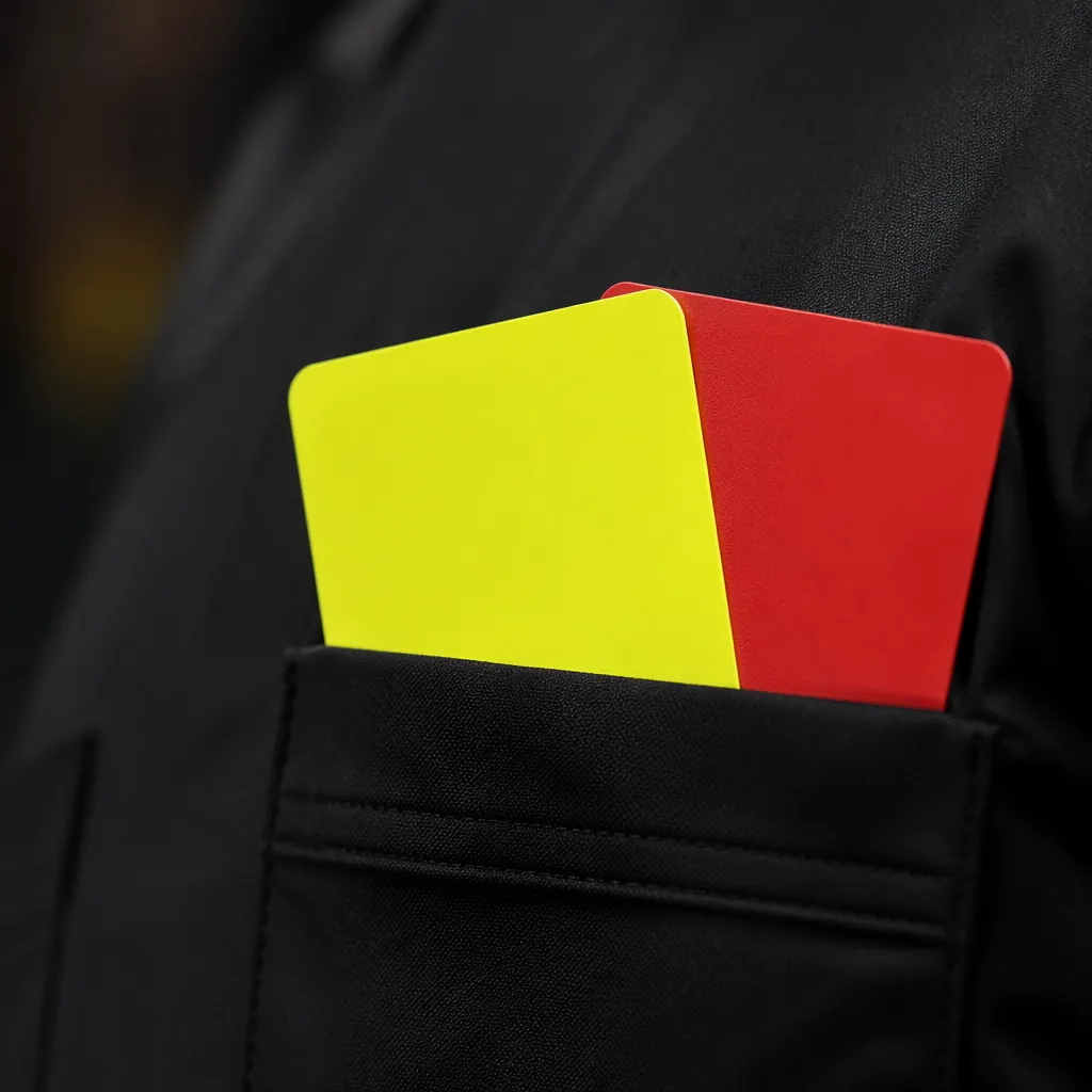 Close-up shot of yellow and red cards placed on a referee's black uniform, shall