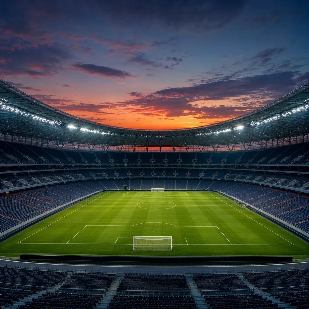 Wide shot of a modern world cup football stadium at dusk, empty pitch, bright st