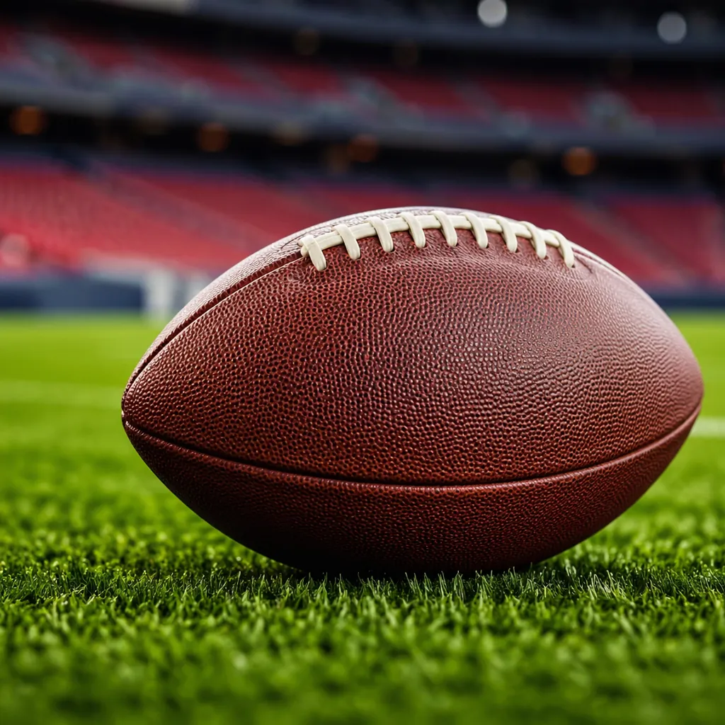 Close up of a football placed on a green grass pitch, with blurred stadium seats
