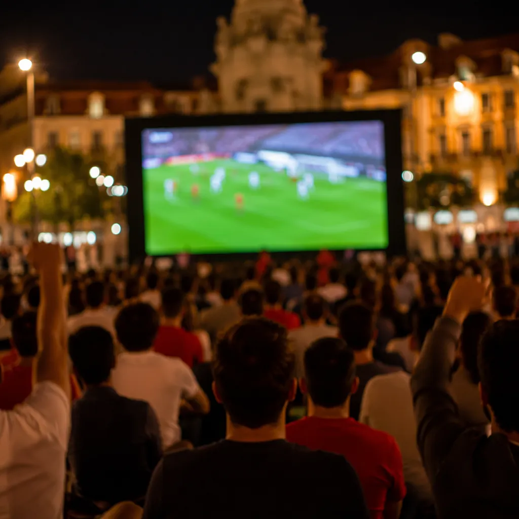 Blurred shot of people watching football match on a large screen in a public cit