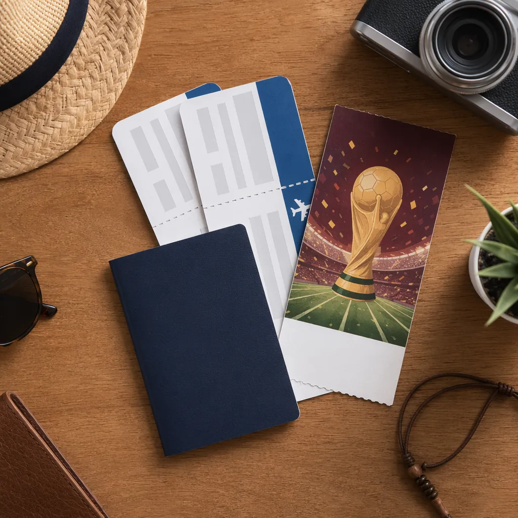 A flat lay of a passport, generic plane ticket and world cup ticket placed on a 