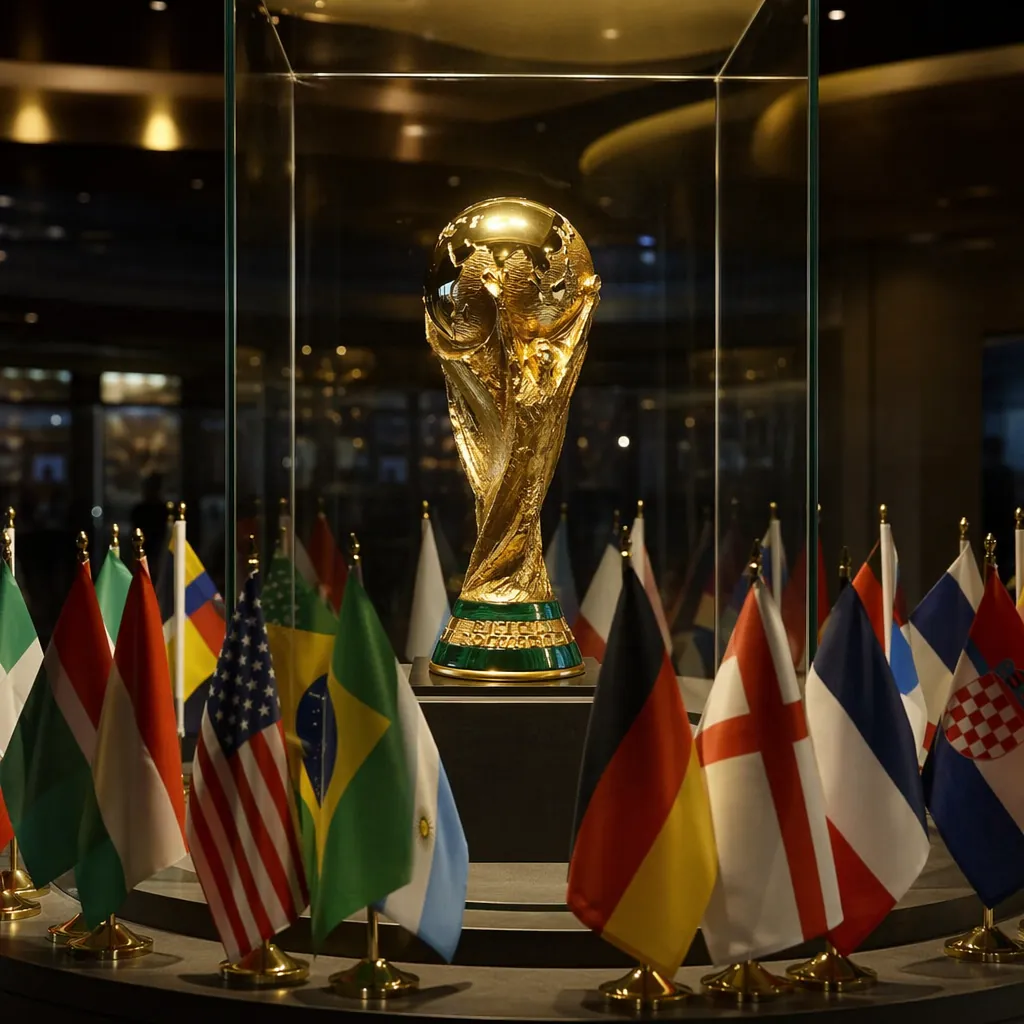Golden World Cup trophy replica displayed in a glass case, surrounded by small n