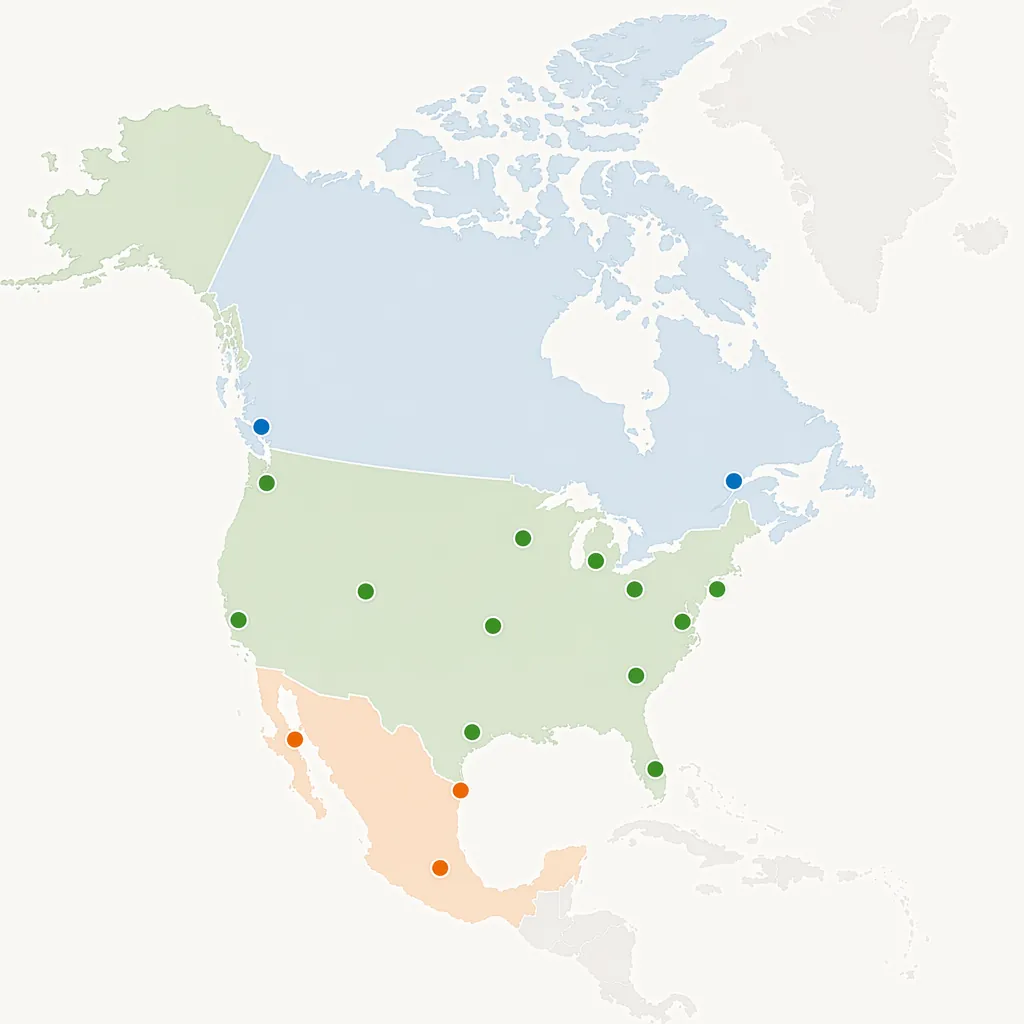 Minimalist map of North America marking all 16 host cities of the 2026 World Cup