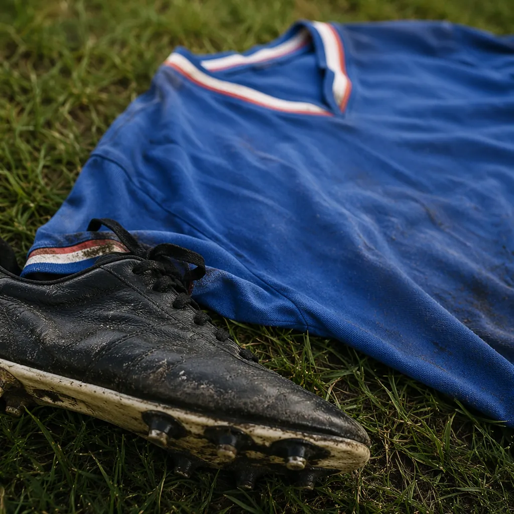 Close up of a worn football boot and a vintage plain national team jersey laid o