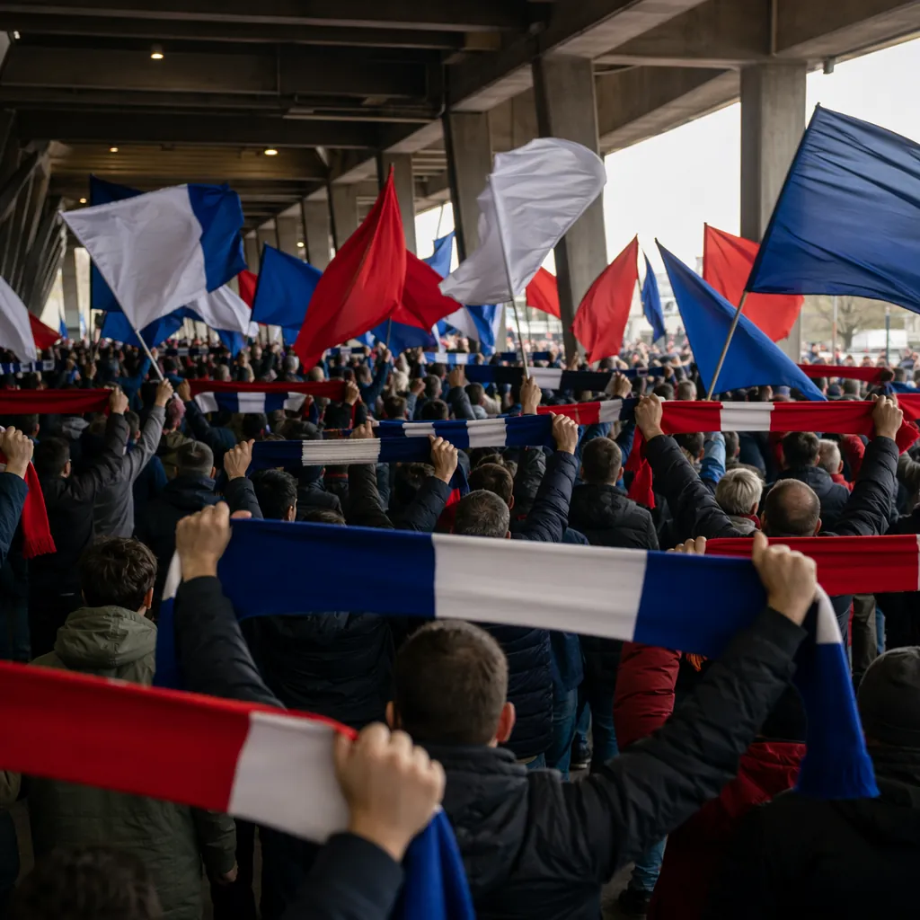 Wide shot of fans holding up generic football scarves and plain flags in a stadi