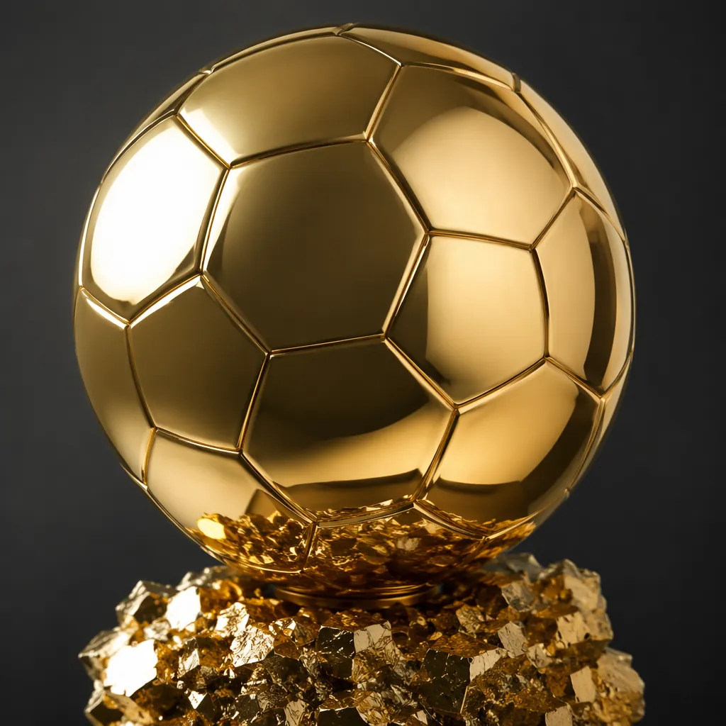 Close up of a generic golden football trophy replica on a dark neutral backgroun