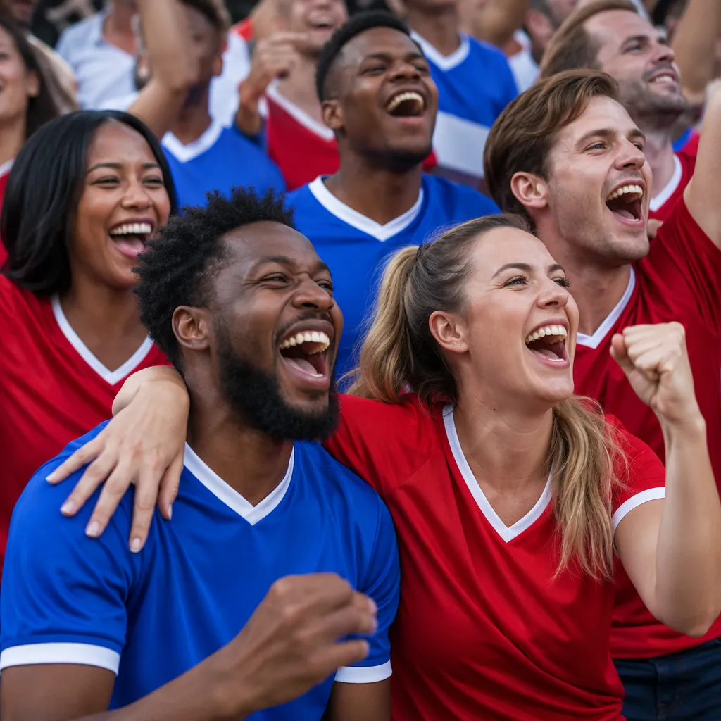 Candid shot of diverse football fans cheering together, wearing plain unbranded 