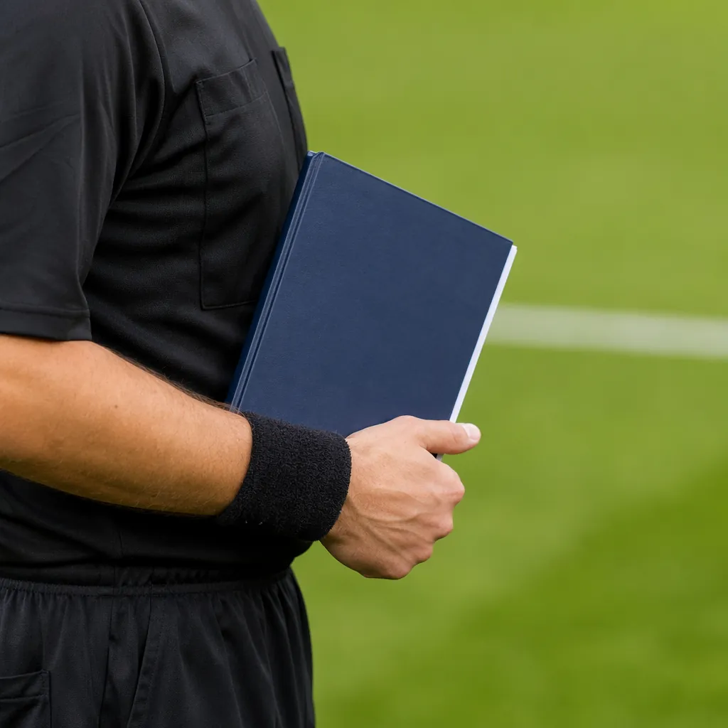Close up shot of a generic football match official holding a FIFA rulebook on a 