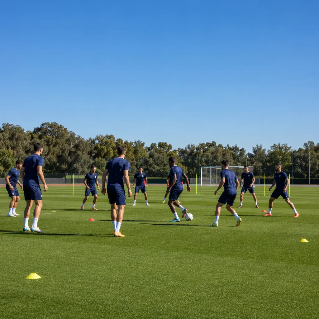 Wide shot of a generic national football team training on a well-maintained gras