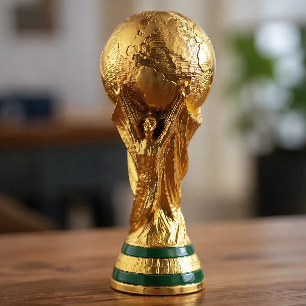Close up shot of a golden world cup trophy replica on a wooden table, soft natur