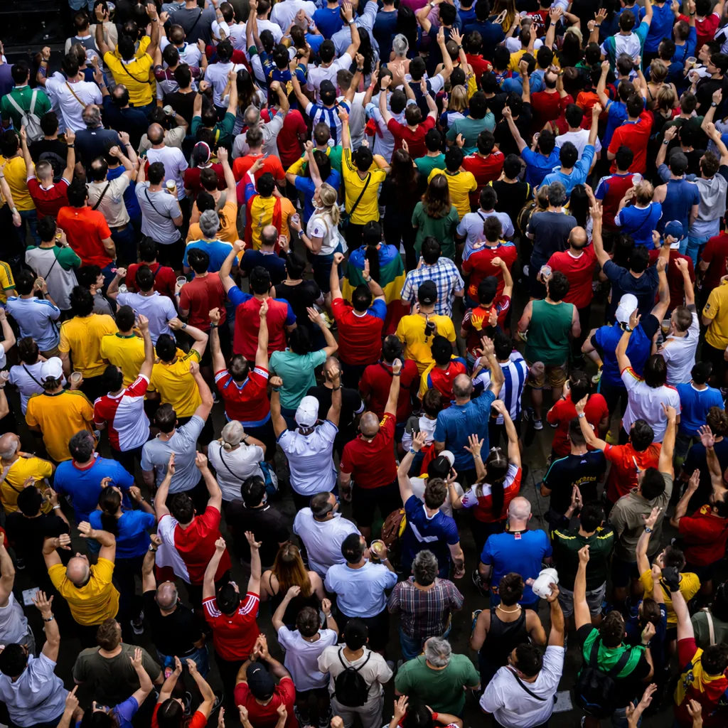 High angle shot of a crowded fan zone with people wearing colorful football jers
