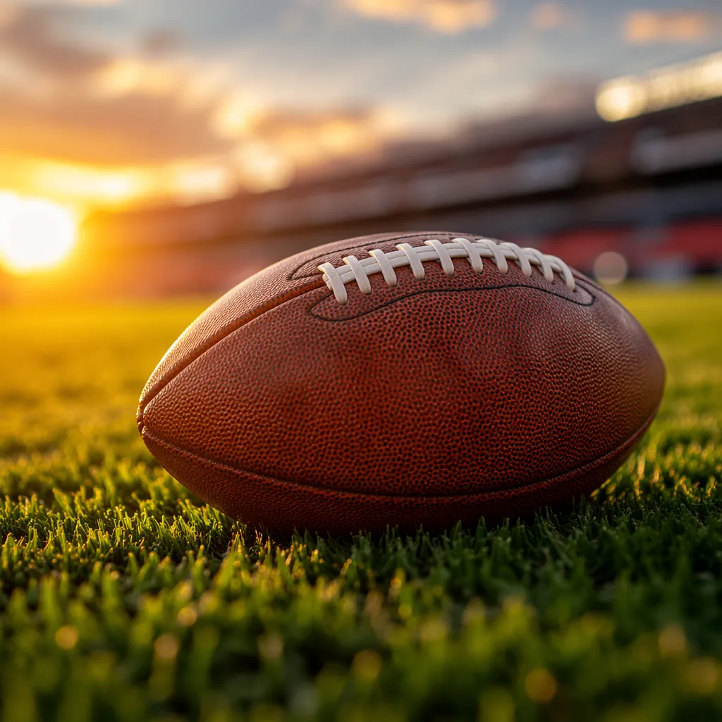 Close-up shot of a football on a green grass pitch, with blurred background of s