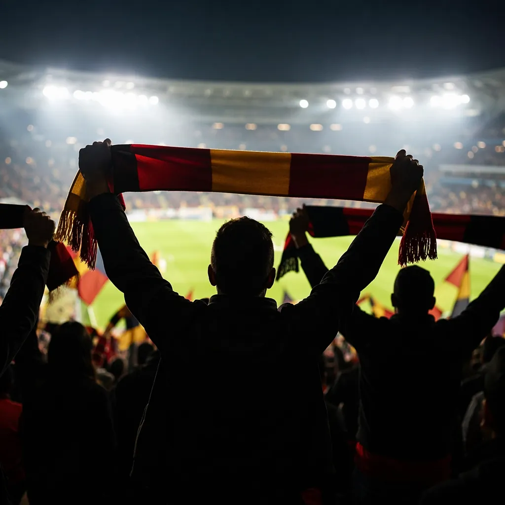 Silhouette of football fans cheering in a stadium stand, holding colorful scarve
