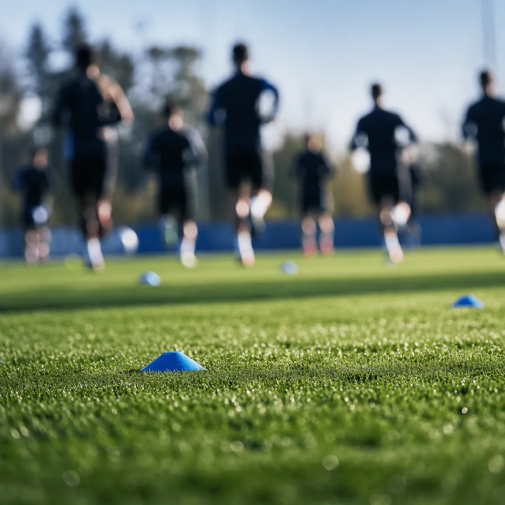Football training ground scene, blurred silhouettes of football players in gener