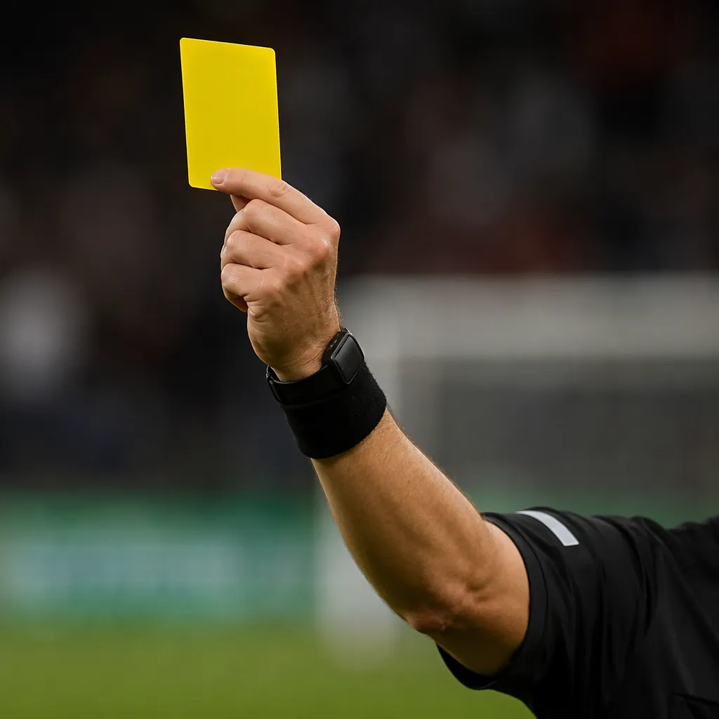 Close up of a football referee holding a yellow card, blurred football pitch bac