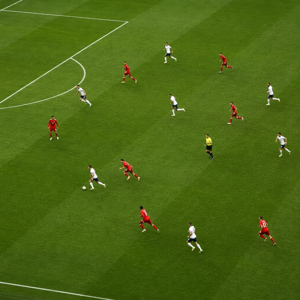 High angle shot of a football match in progress, players in generic jerseys runn