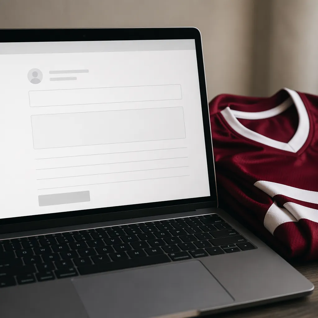 Close up of a blank online petition page on a laptop screen, with football jerse
