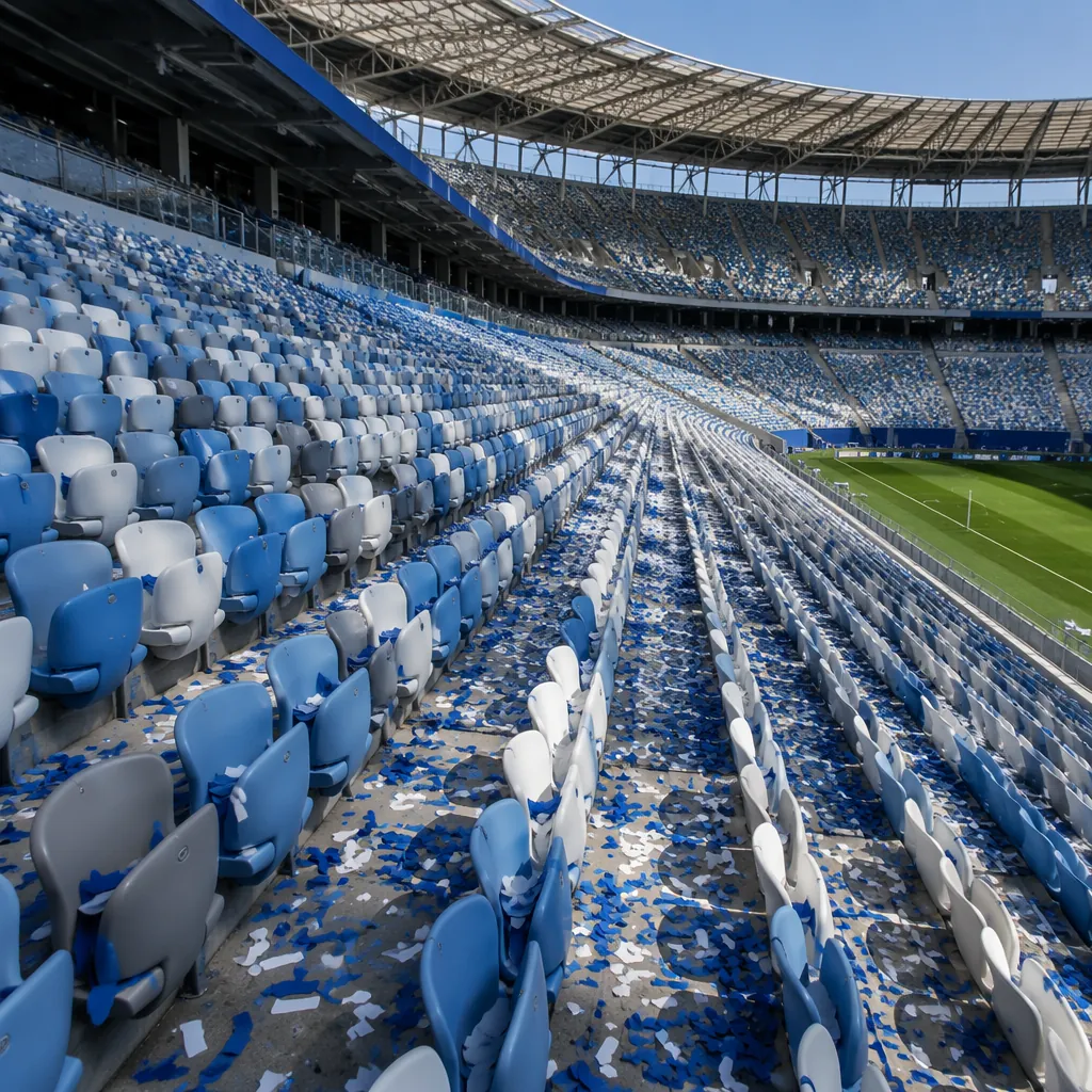 Empty World Cup stadium seating with blue and white confetti scattered, bright d