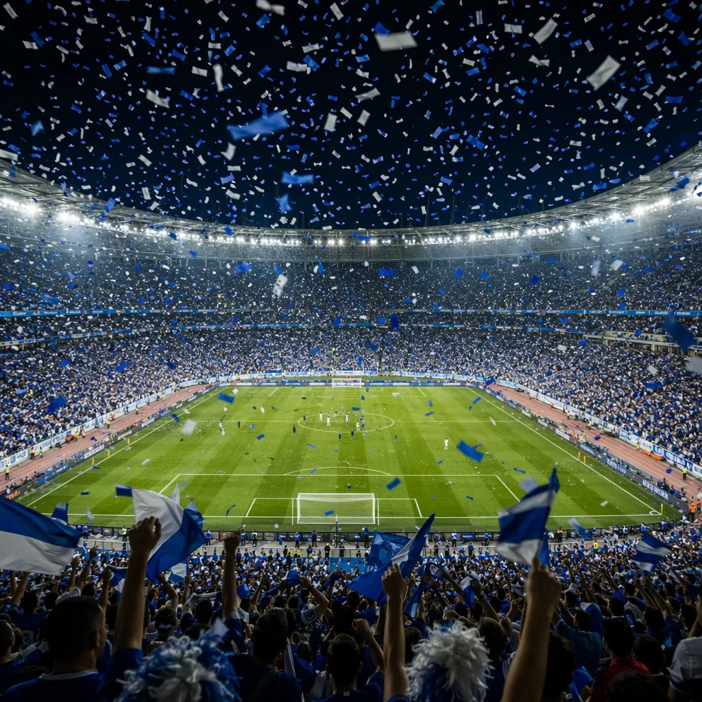 Wide shot of a packed football stadium during World Cup match, blue and white co