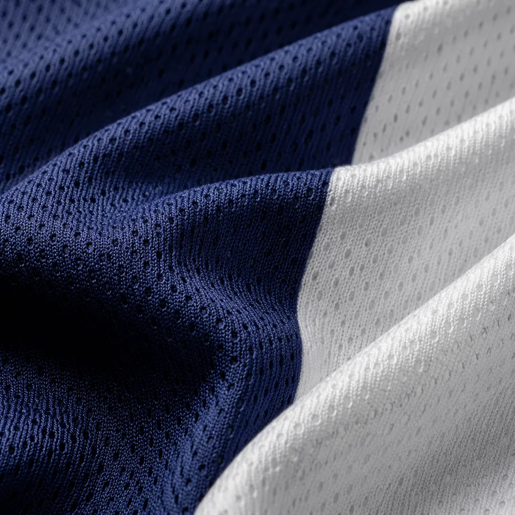 Close up of textured football jersey fabric in dark blue and white color, soft n
