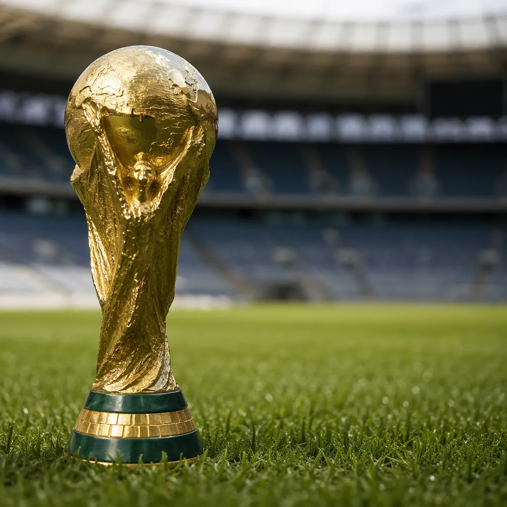 Close up shot of a golden world cup trophy placed on a green football pitch, sof