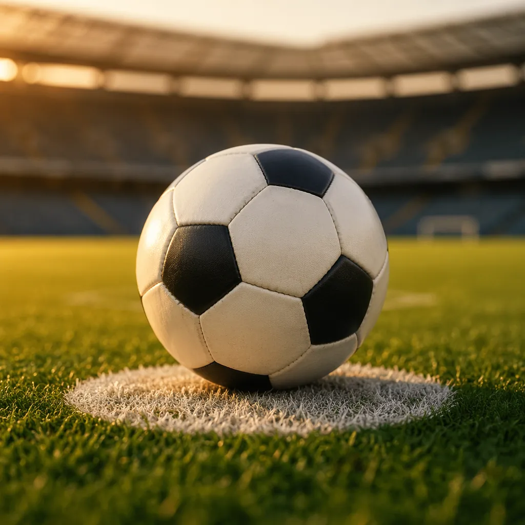 Close up of a football resting on the penalty spot of a well-maintained football