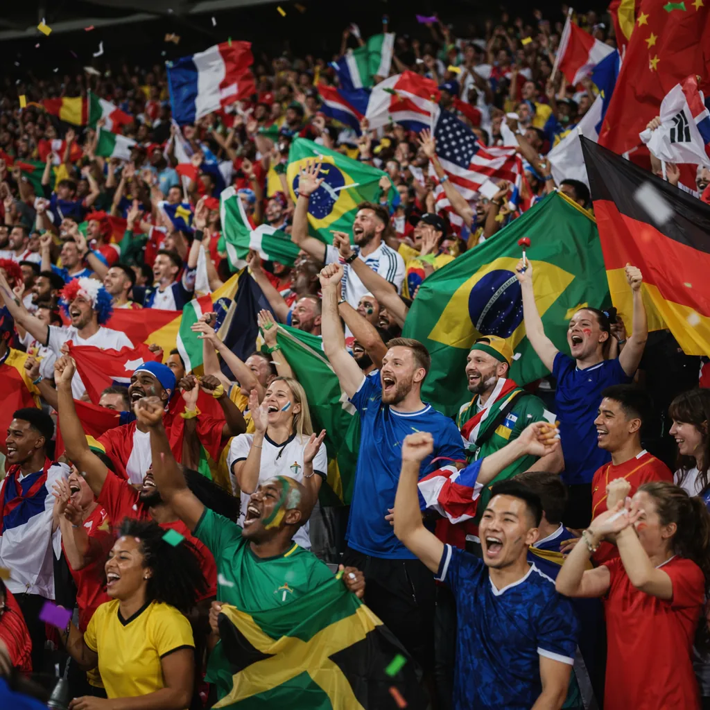 Wide shot of diverse football fans celebrating in the stadium stands, waving nat