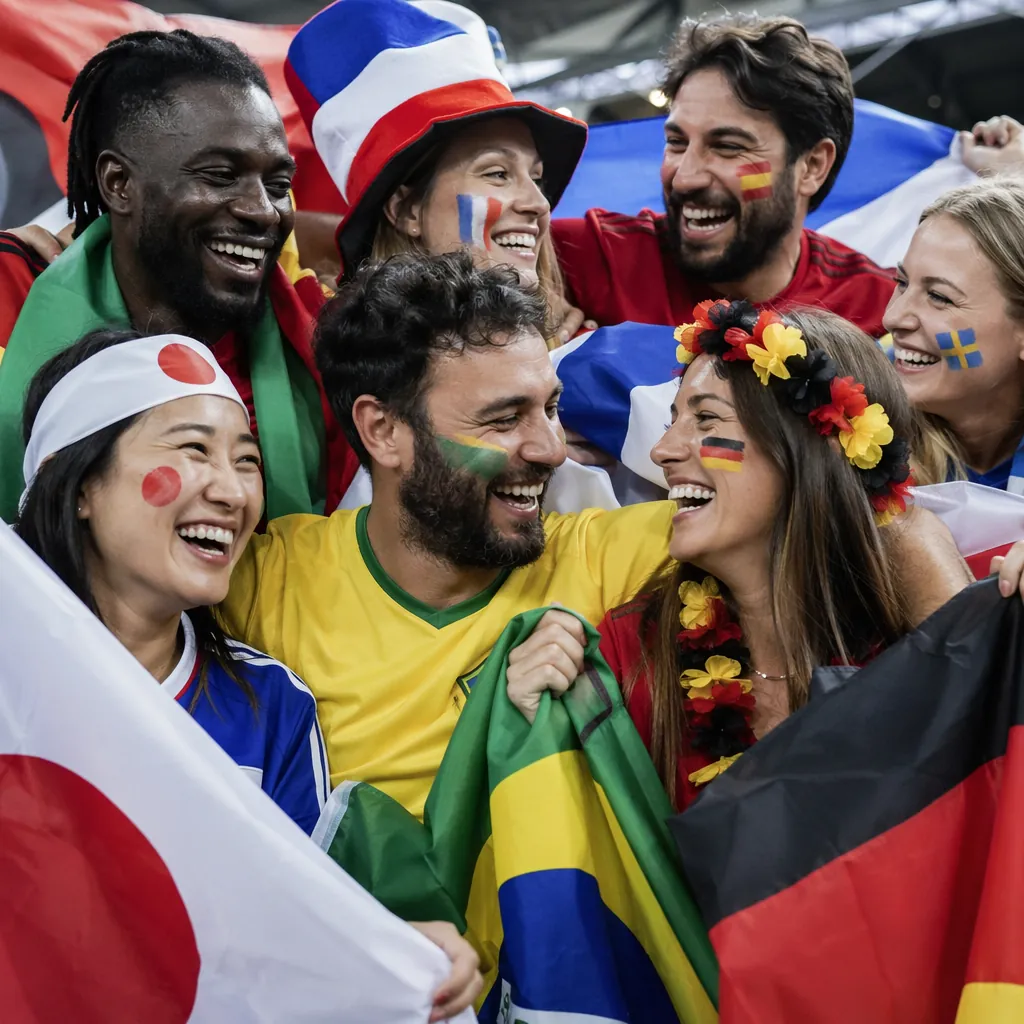 Group of diverse football fans from different countries laughing together, holdi