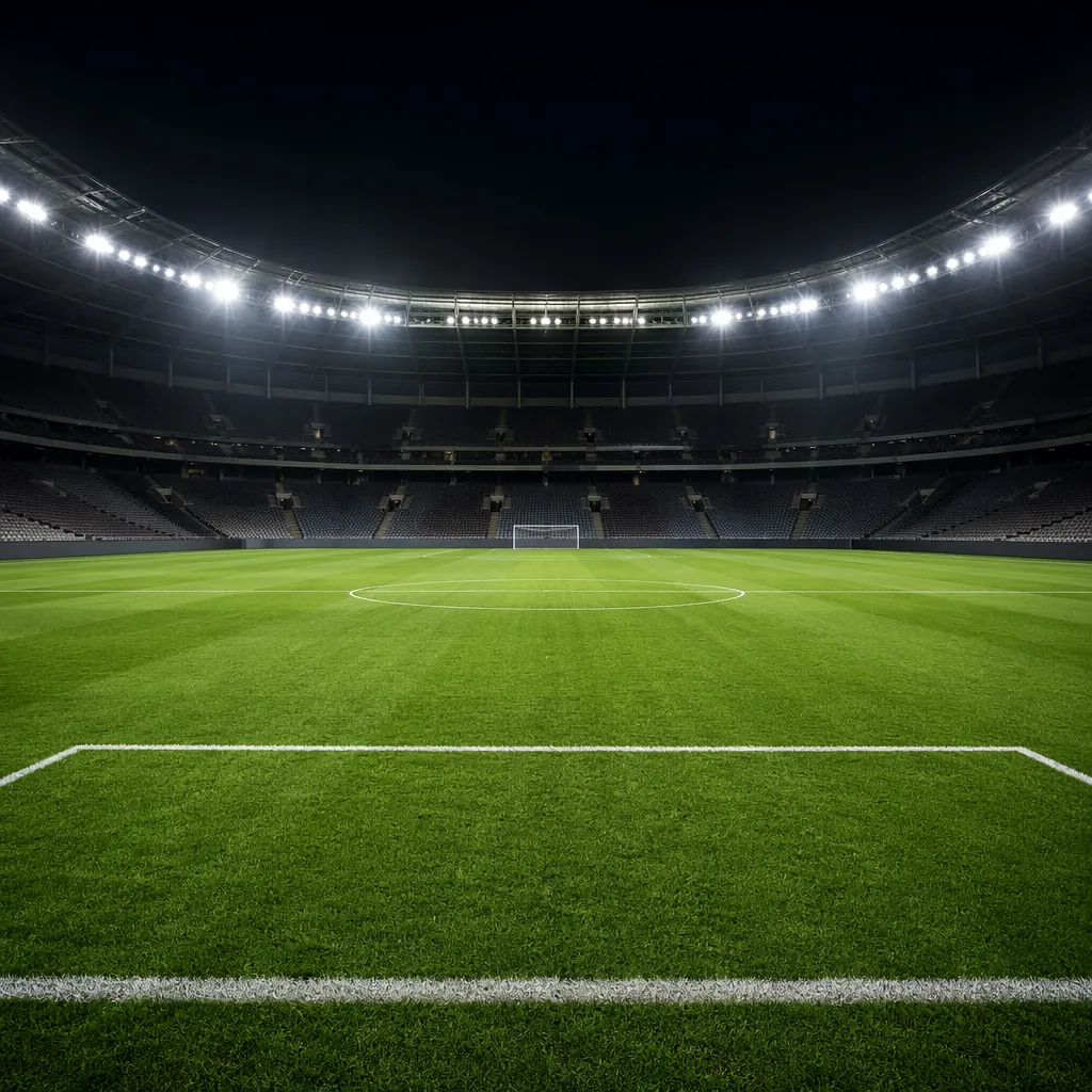 Empty green football pitch with white boundary lines, bright stadium lights abov