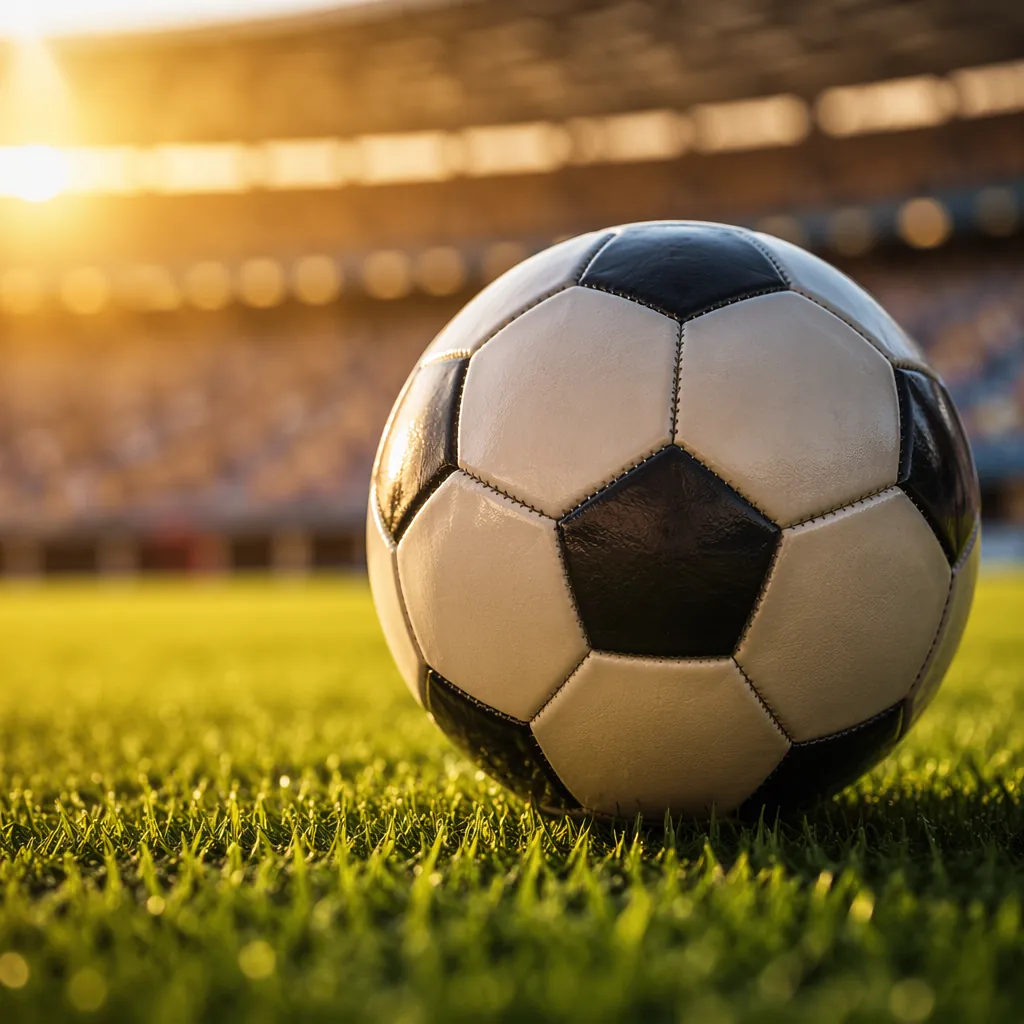 Close up shot of a soccer ball resting on the green grass of a world cup pitch, 
