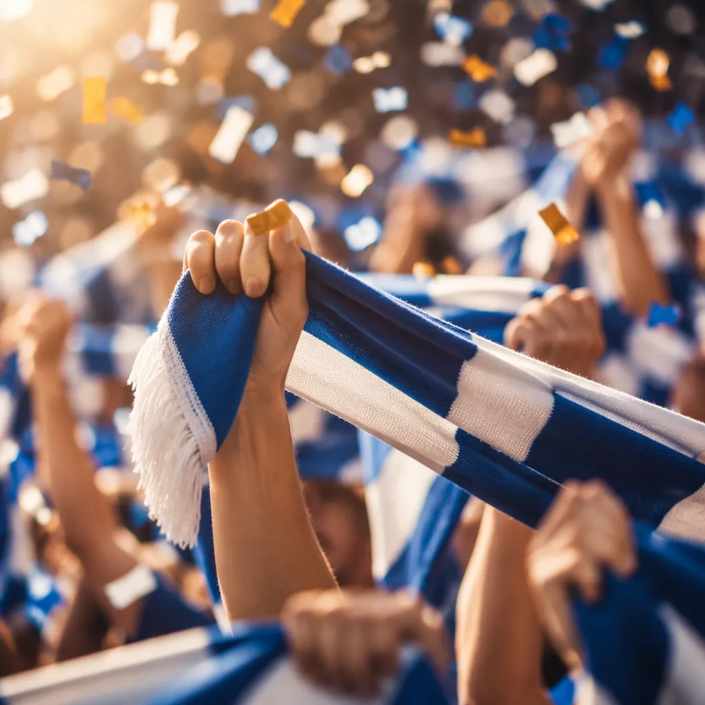 Close up of raised hands holding blue and white football scarves, colorful confe