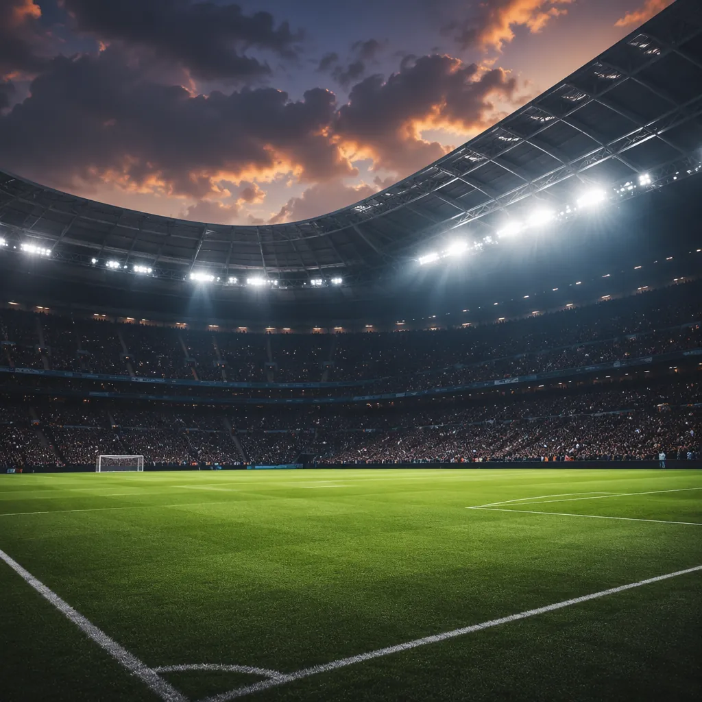 Empty green football pitch in a large stadium, bright floodlights at dusk, blurr