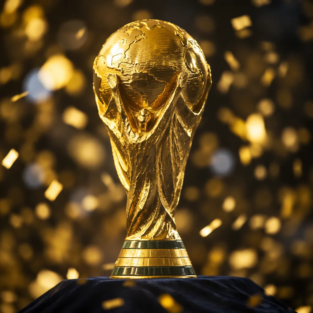 Close up shot of a golden World Cup trophy replica placed on a dark blue velvet 