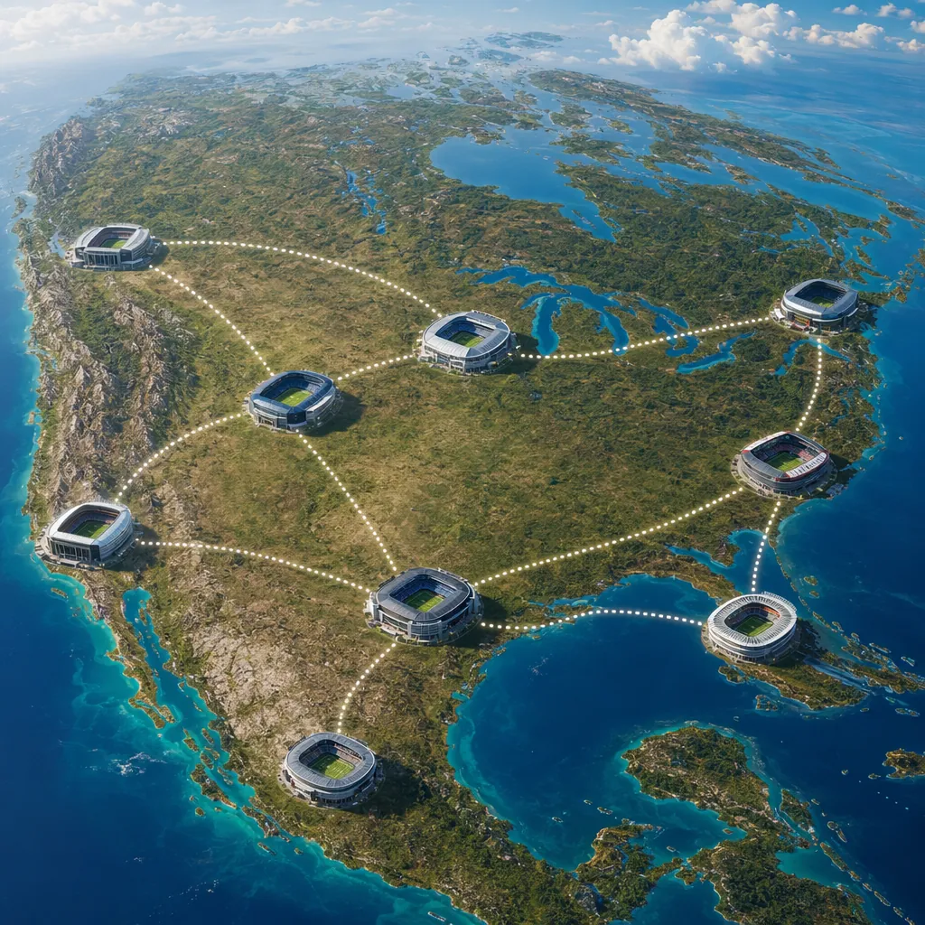 Aerial shot of multiple modern football stadiums across North America, connected