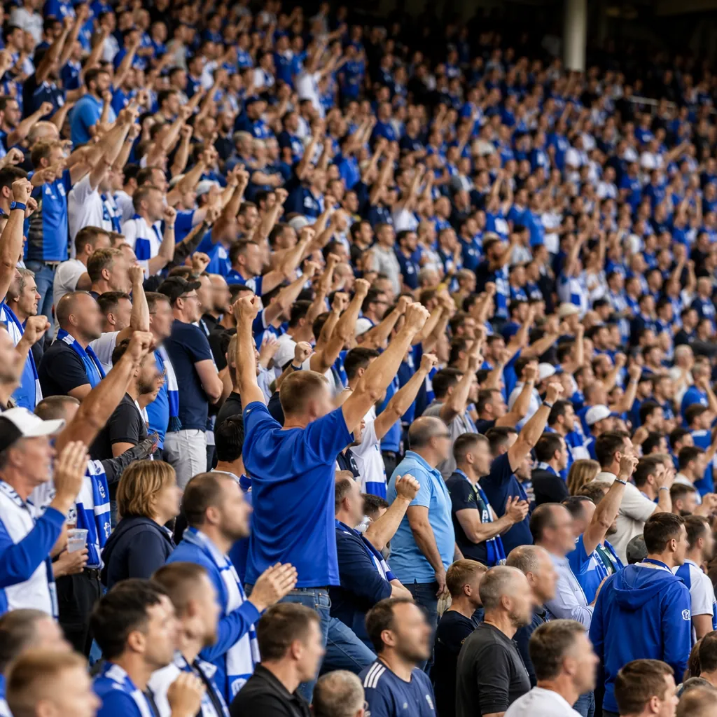 Wide shot of football fans cheering in stadium stands, wearing blue and white cl