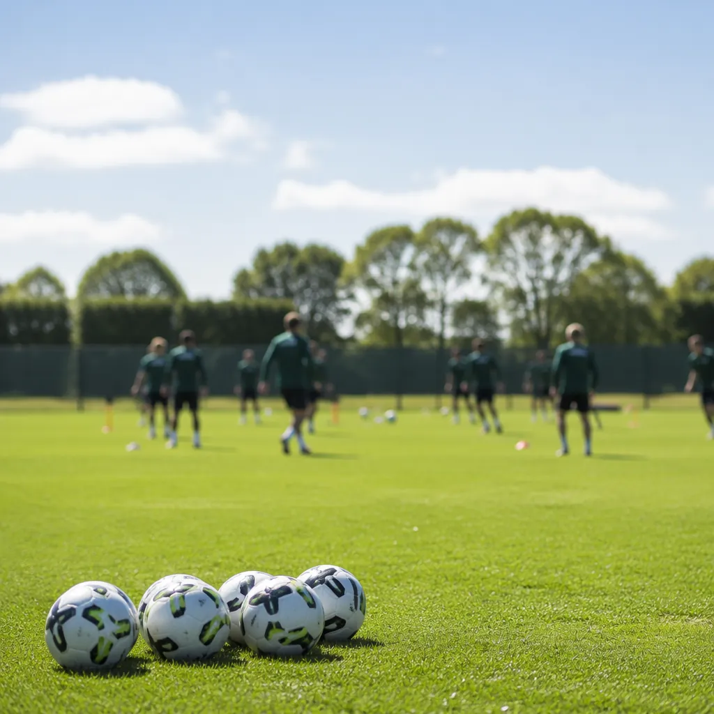 Generic shot of a green football team training ground on a sunny day, distant bl