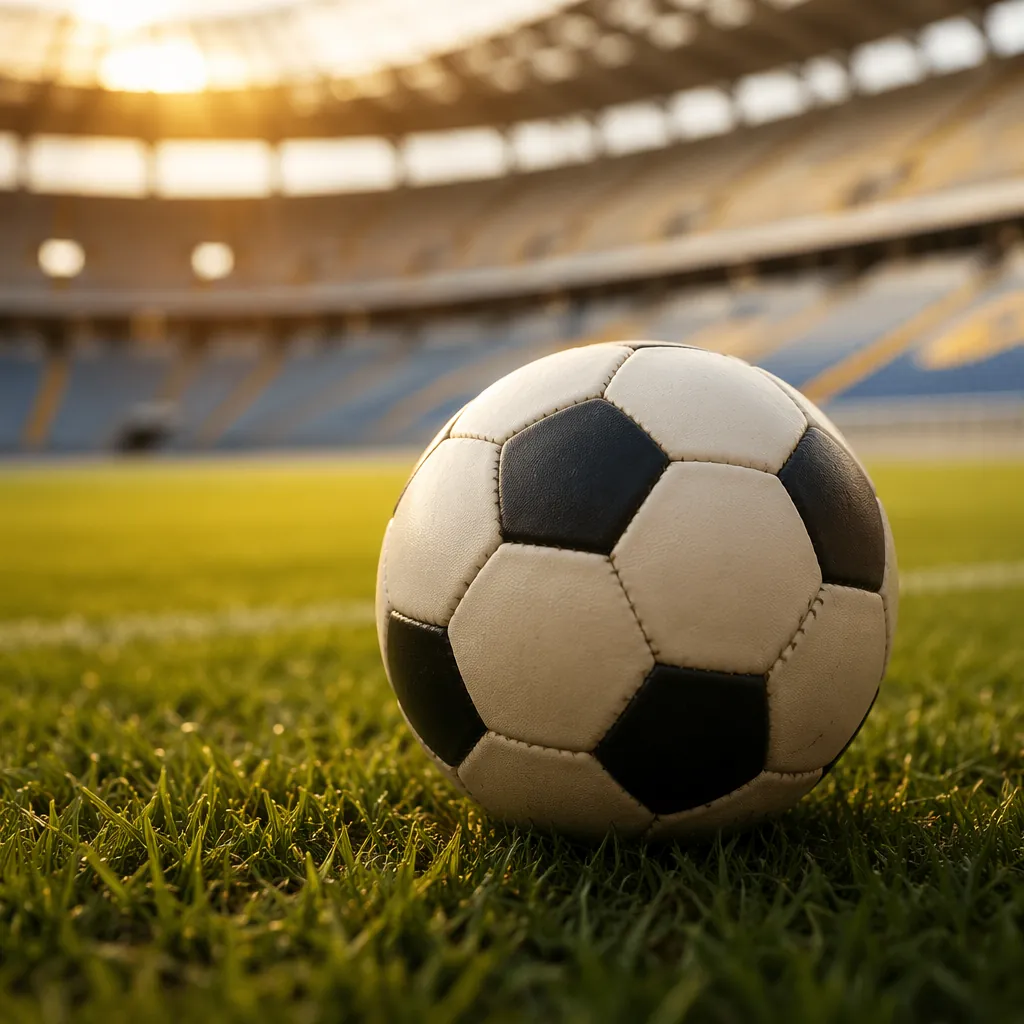 Close up of a football on the grass of a World Cup stadium, warm evening light, 