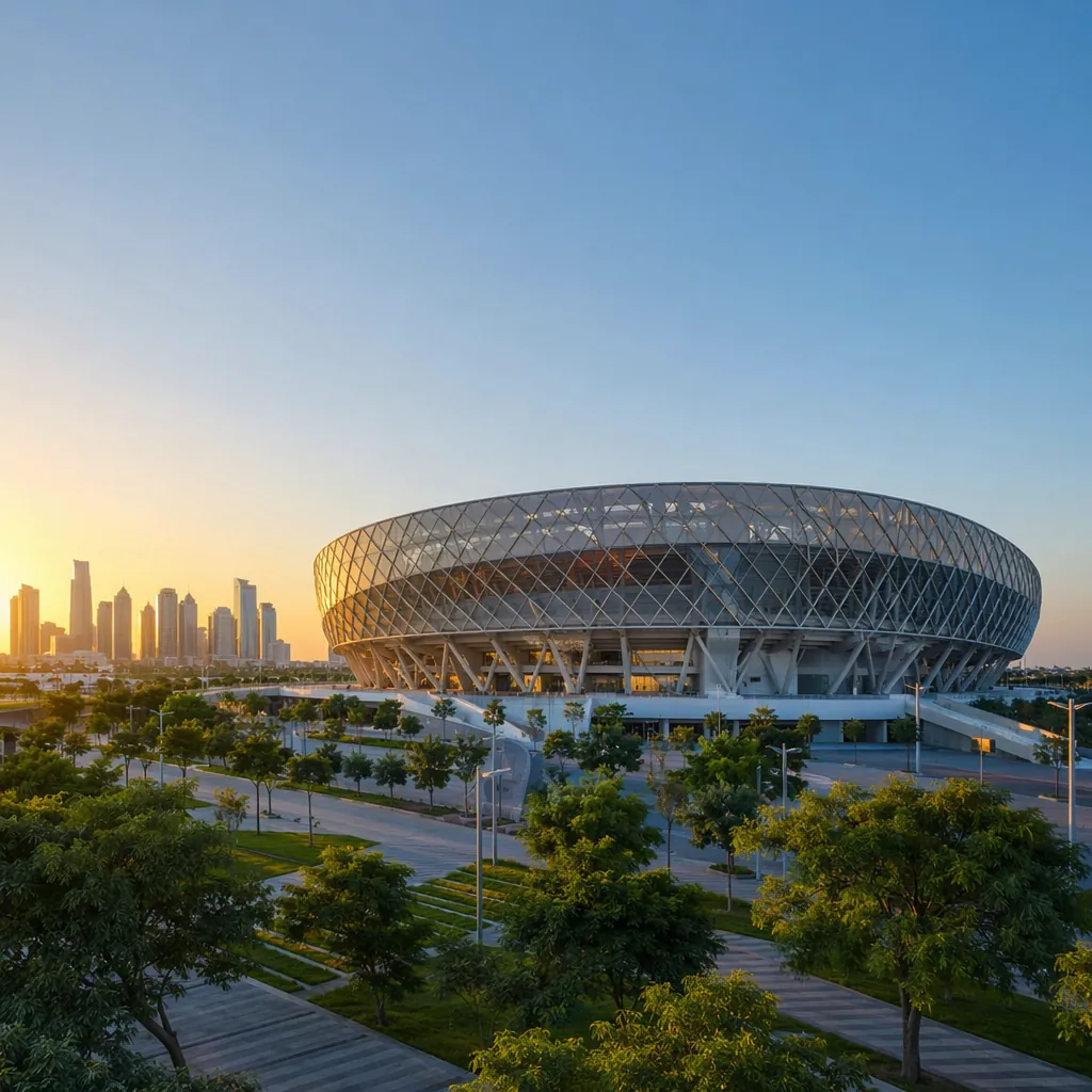 Wide shot of a modern World Cup host city stadium exterior at sunset, no text or