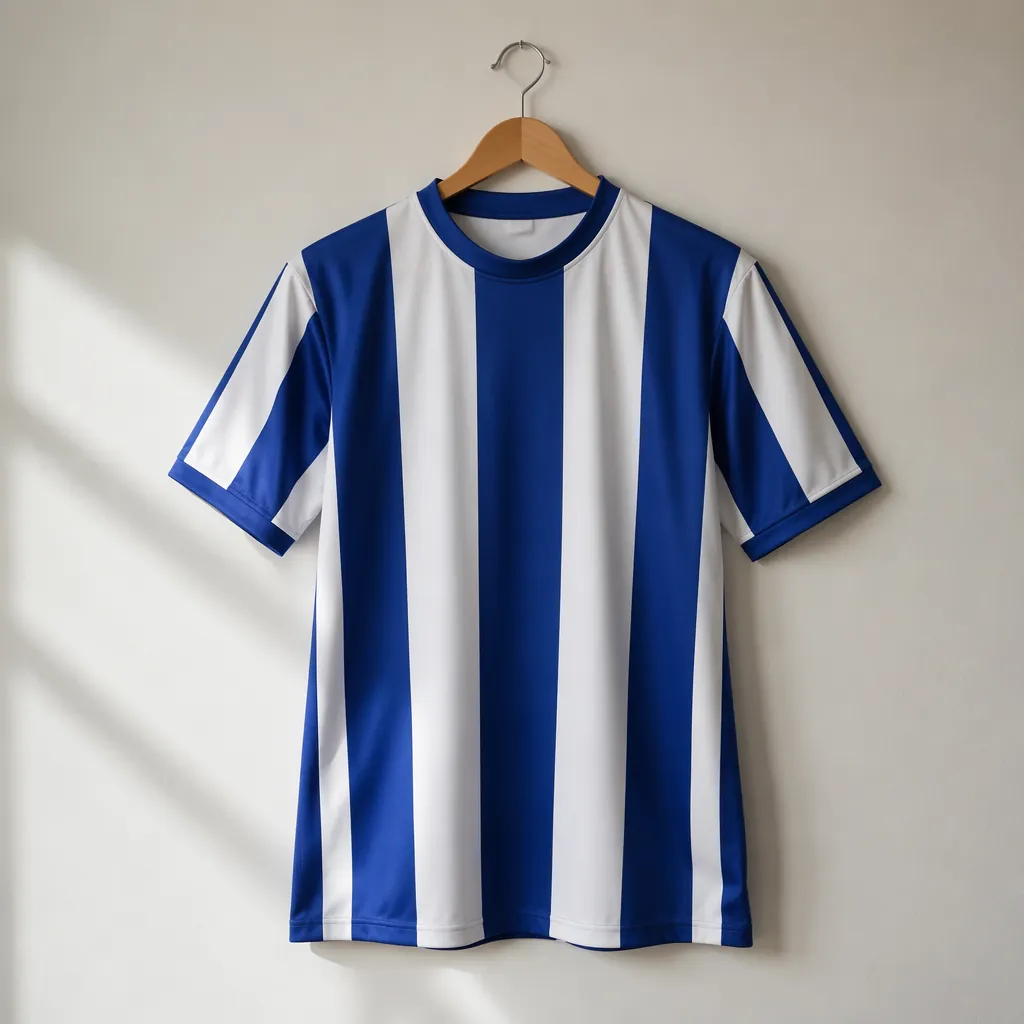 Generic blue and white striped football jersey hanging on a neutral wall, soft n
