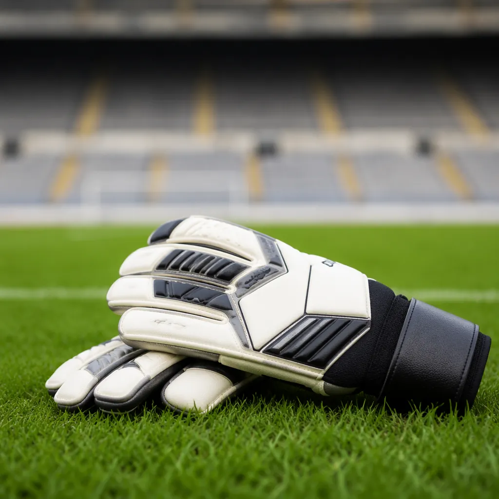 professional soccer goalkeeper gloves resting on green grass pitch, soft natural