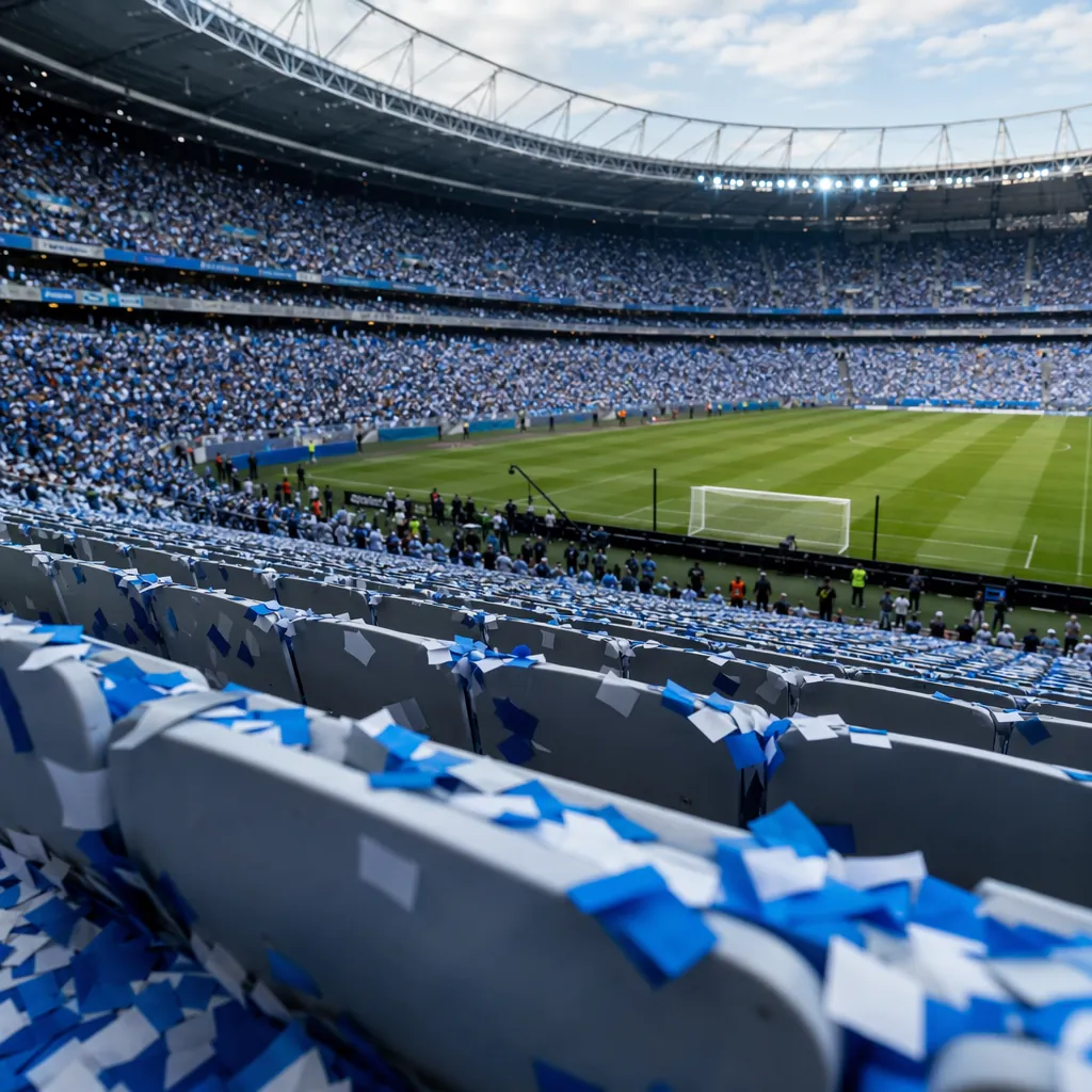 wide shot of world cup soccer stadium before match, blue and white confetti scat