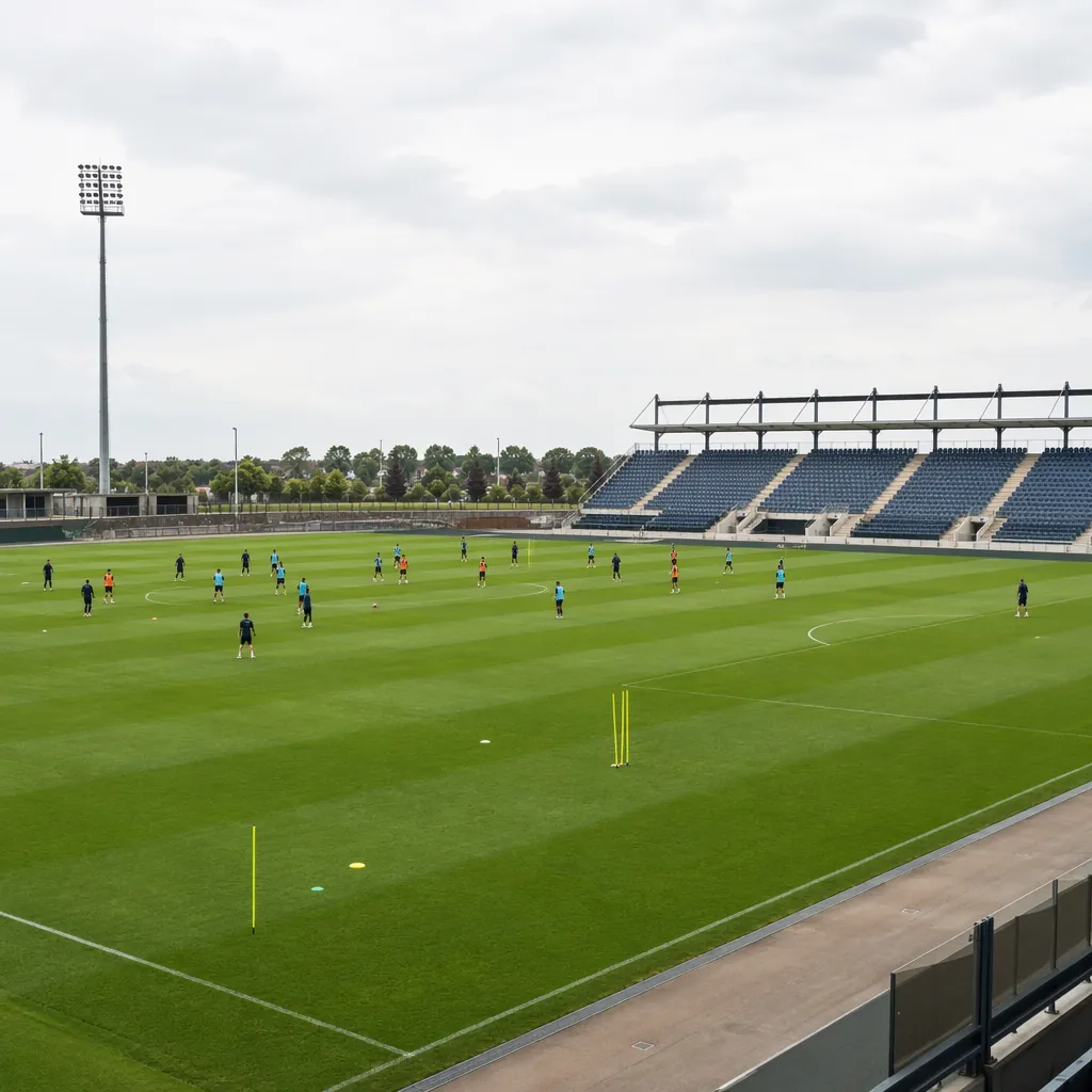 Wide shot of a football training ground with green grass, distant view of player