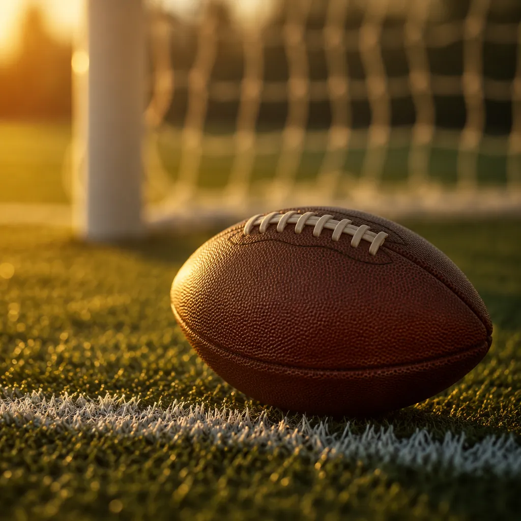 Close up of a football resting on the grass near the goal line, blurred goal net