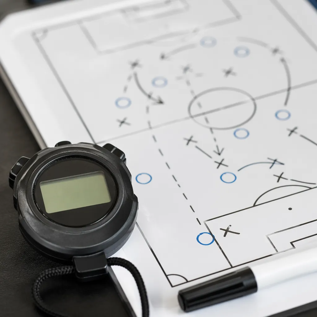 Close up of a generic football match stopwatch and tactical whiteboard with form