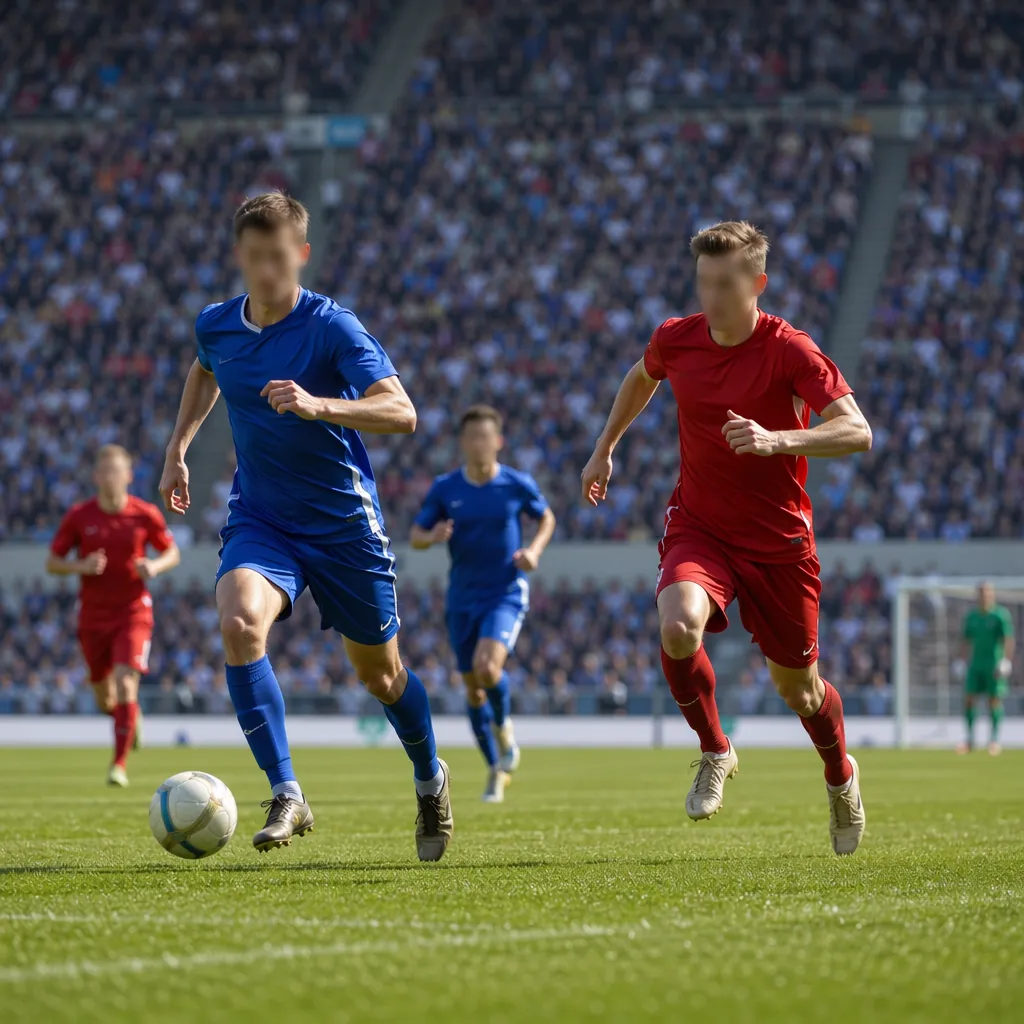 Wide shot of generic football players in unbranded kits running on the pitch dur
