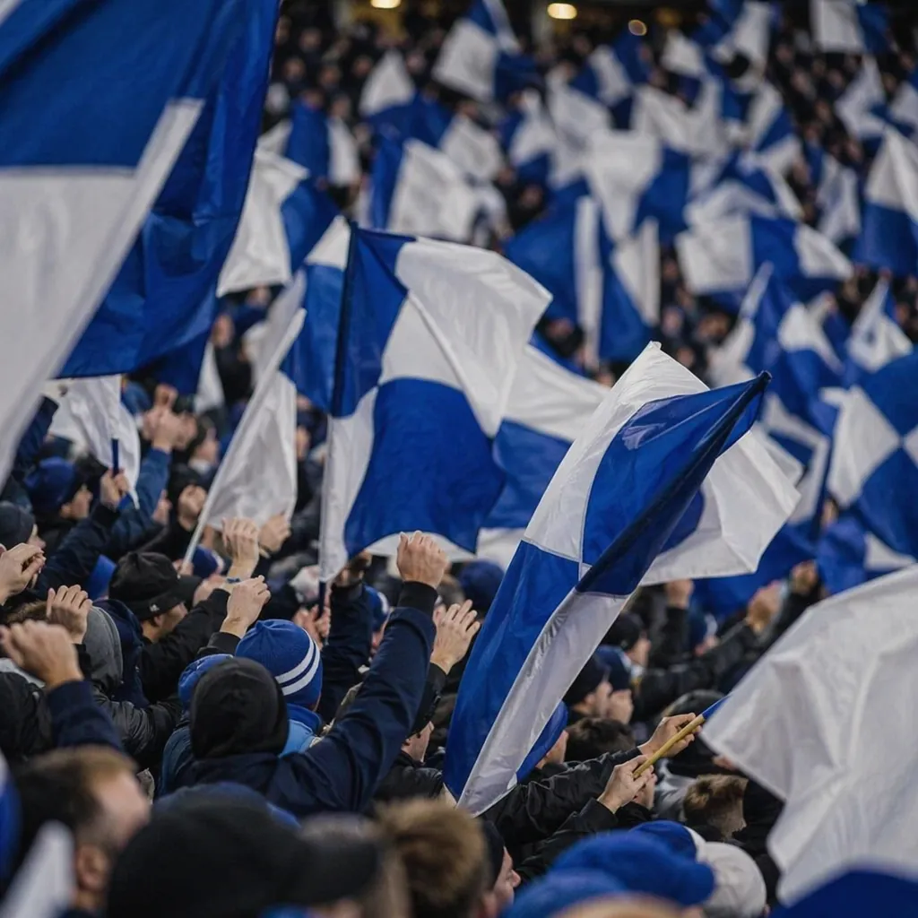 Anonymous football fans waving blue and white flags in a stadium stand, cheering