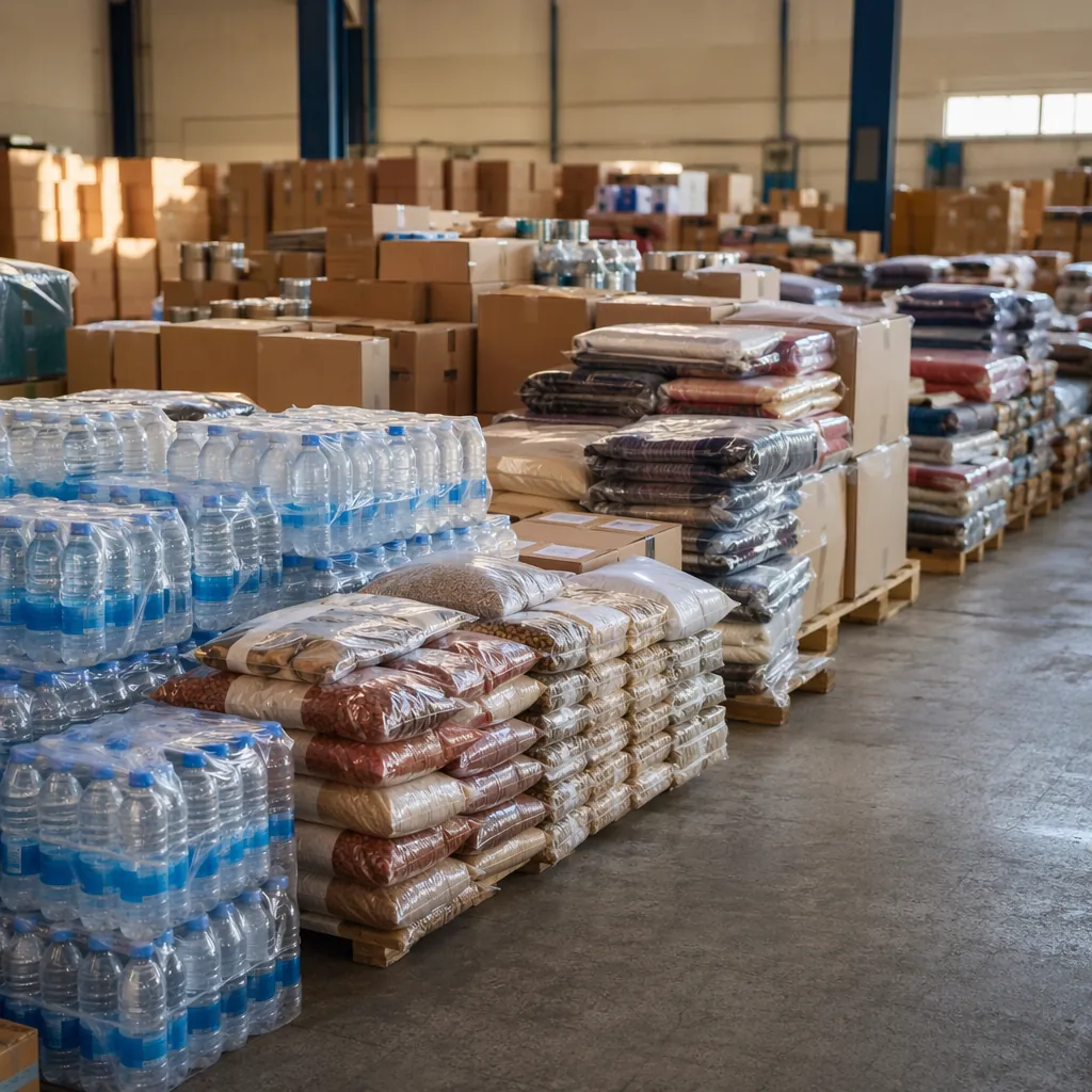 Stacks of unbranded relief supplies including water bottles, food packages and b