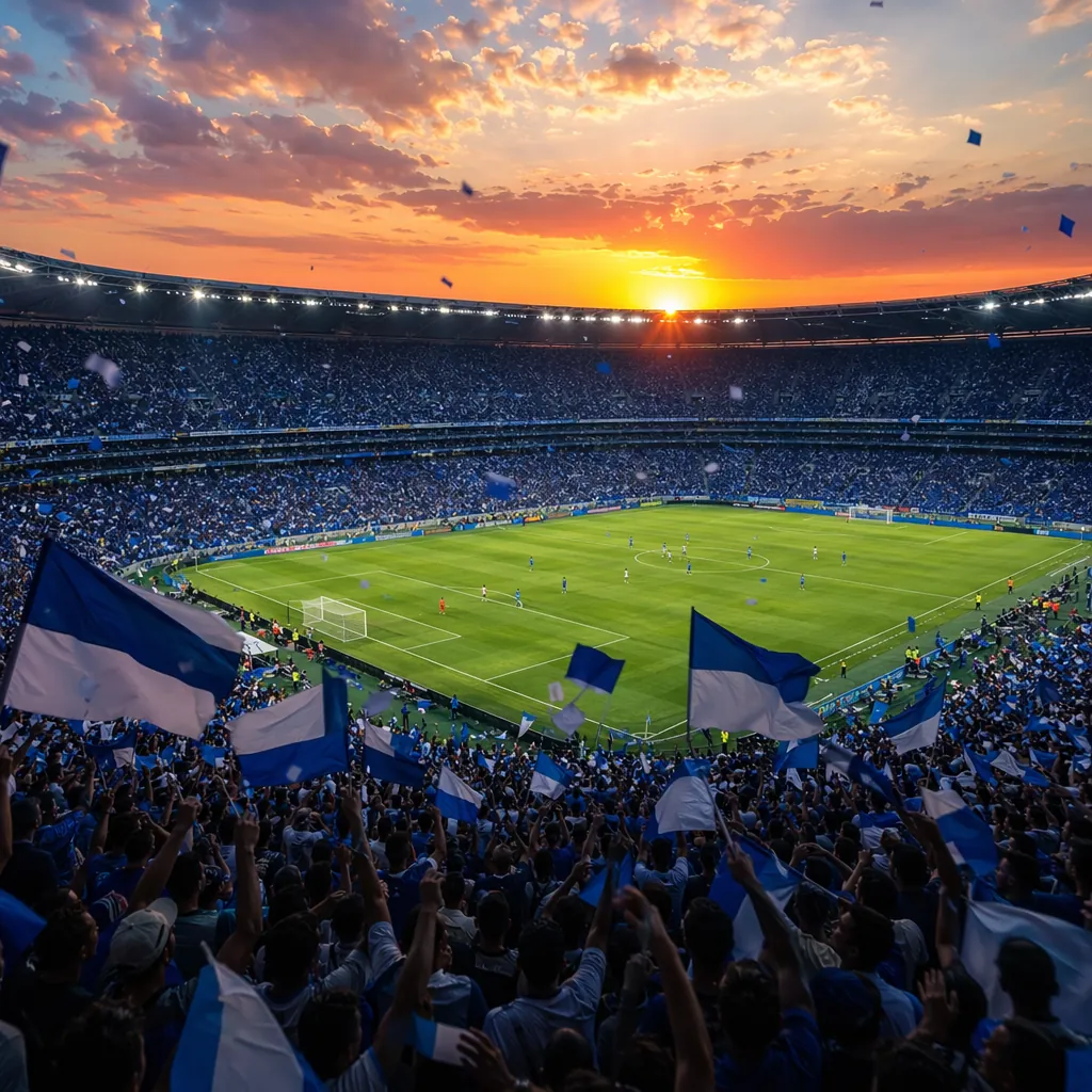 Wide shot of a packed football stadium during sunset, fans waving blue and white