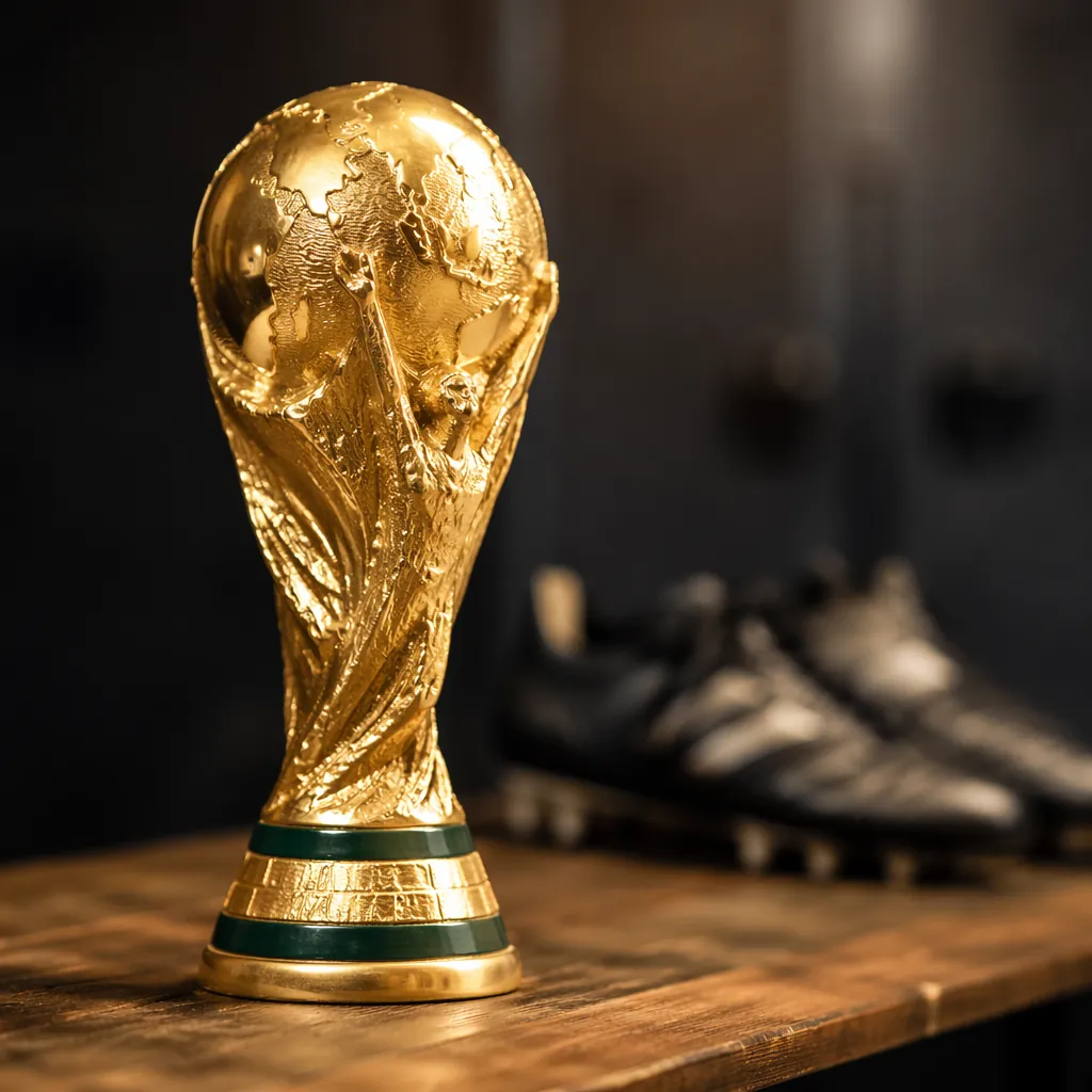 Close-up of a golden World Cup trophy replica on a wooden table, blurred footbal